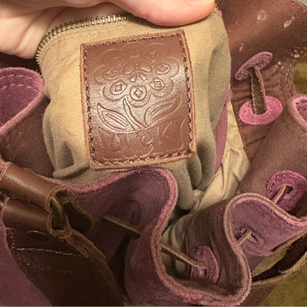 Lucky Brand Plum Suede Bucket Shoulder Bag with Brown Trim - Picture 2 of 5